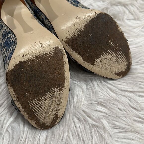 Guess Vintage Navy Jacquard & Leather Peep Toe Heels Sz 7 - Picture 11 of 15